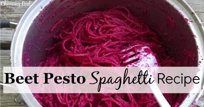 This beet pesto spaghetti recipe has a natural, brilliant purple color from pureed beets. Garlic and Parmesan cheese add a delicious flavor combination my kids enjoy. 