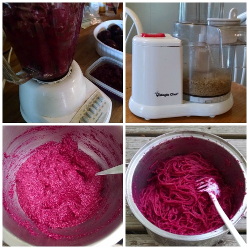 This beet pesto spaghetti recipe has a natural, brilliant purple color from pureed beets. Garlic and Parmesan cheese add a delicious flavor combination my kids enjoy. 