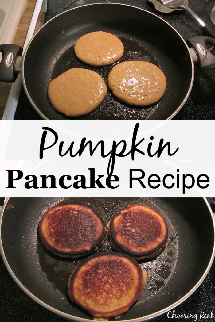This pumpkin pancake recipe makes thick and fluffy pancakes that go great served with a little whipped cream and lots of fruit.