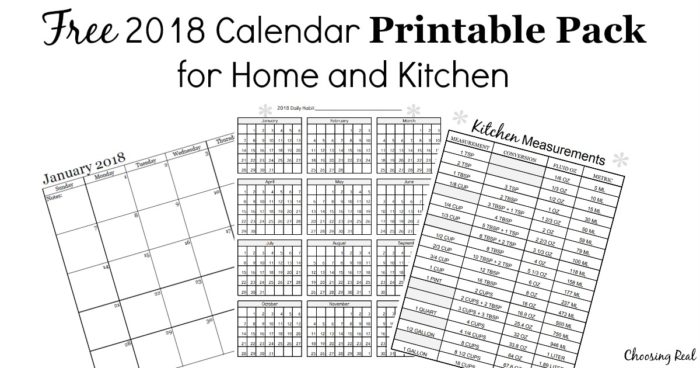 This 2018 Calendar Printable Pack includes 12 pages of 2018 monthly calendars, a 2018 habit tracker, and a kitchen measurement conversion chart.