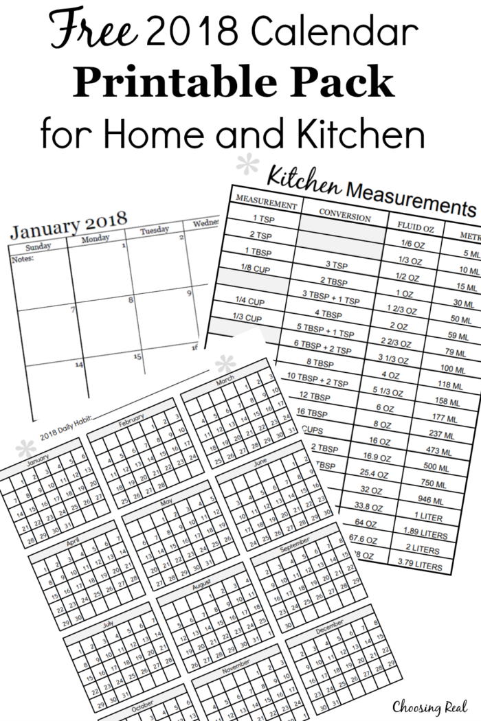 This 2018 Calendar Printable Pack includes 12 pages of 2018 monthly calendars, a 2018 habit tracker, and a kitchen measurement conversion chart.
